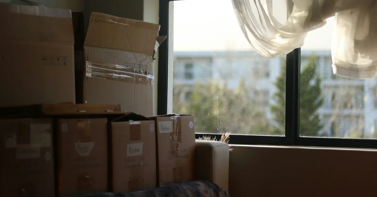 Stacked cardboard boxes beside a window